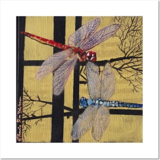 Red and Blue Dragonflies Posters and Art